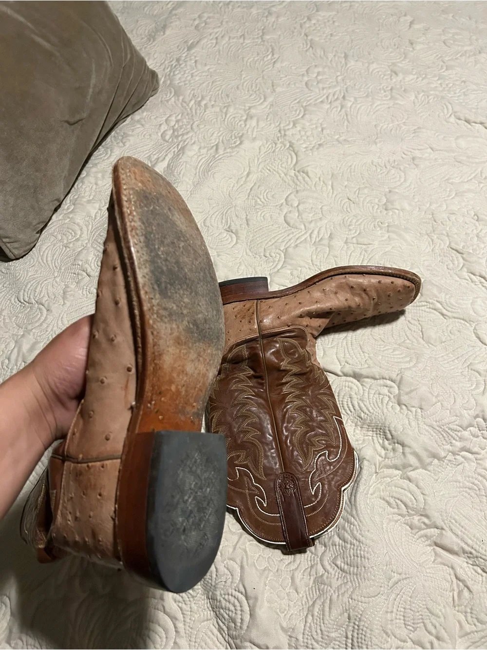 Tony Lama Brown Ostrich Leather Cowboy Boots with White Stitching